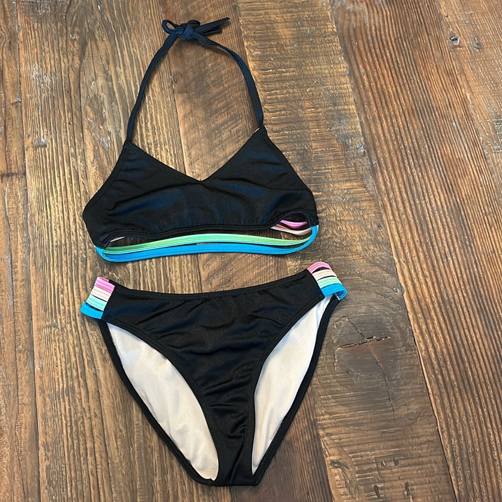 Random Hearts Black / Colored Stripe Bikini Sz. 12
